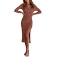 thumbnail image 3 of Txlixc Vestido de mujer, cuello de solapa de color sólido, manga larga, botón, adec Txlixc moda, 3 of 8