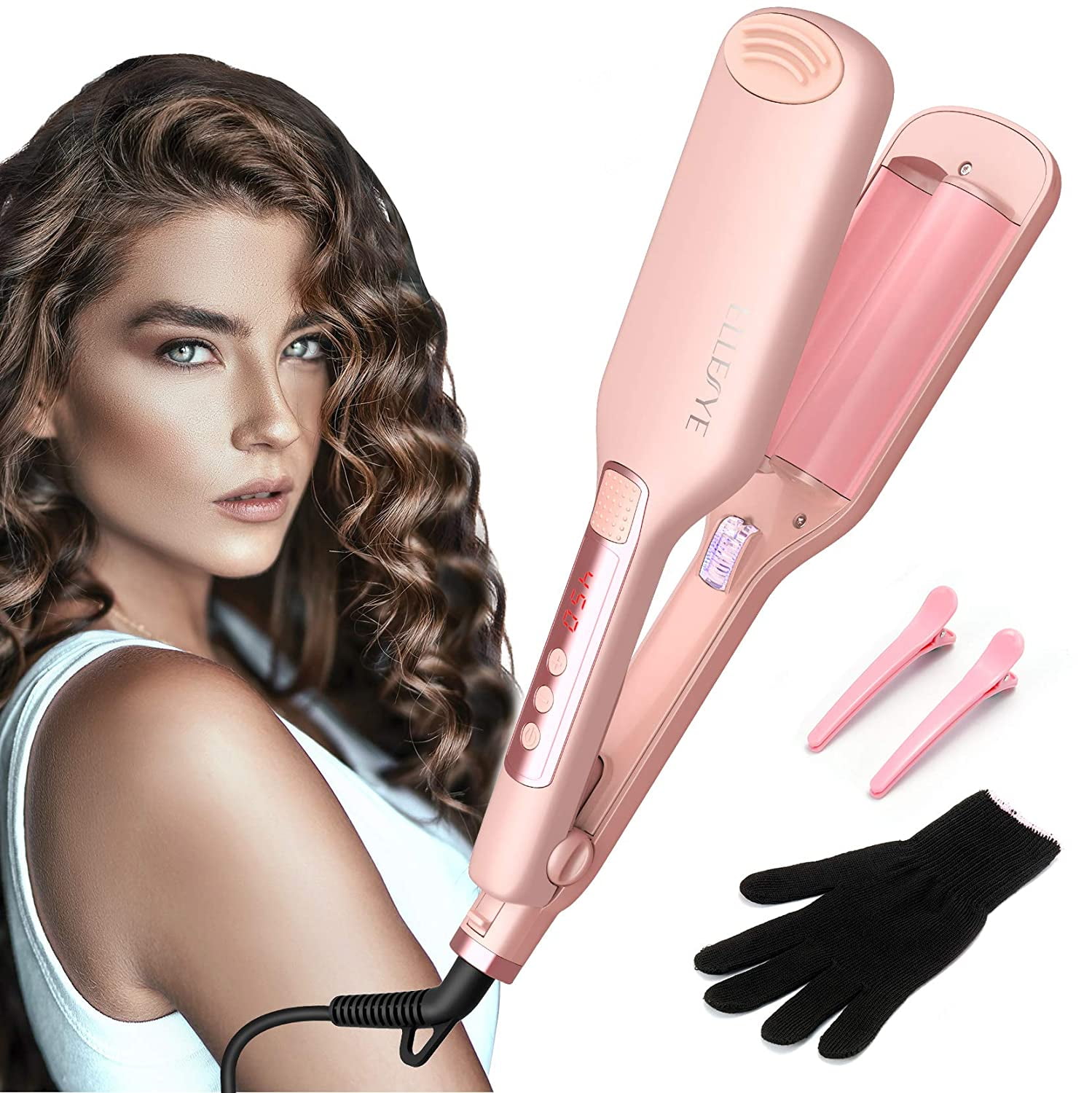 ELLESYE Hair Crimper,Ceramic Hair Crimpers and Wavers with 14 Temperatures  210℉-450℉,1 inch/25 mm Dual Voltage Hair Waver Iron for Short Hair -  