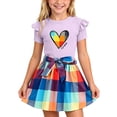 thumbnail image 2 of ITSAME Girls Summer Outfits 2-Piece Ruffled Short Sleeve Top and Plaid Print Skirt Kids Fashion Casual Set Purple Size 3-4Y, 2 of 8