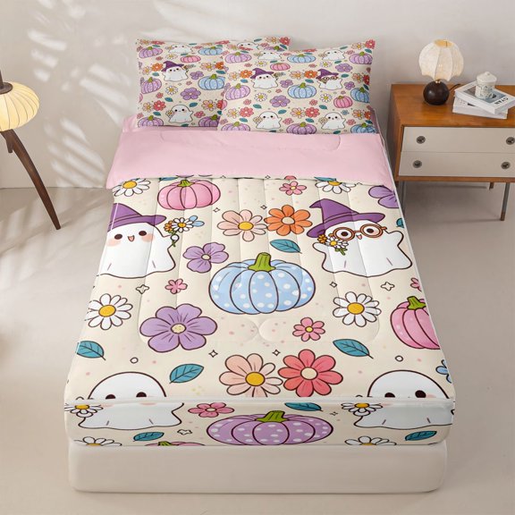 Manfei Funny Ghosts Flowers Zipper Twin Comforter Sets with Fitted Sheet and 2 Pillowcases,Happy Halloween Zipper Bedding Set,Pink,Pink Reversible,4pcs