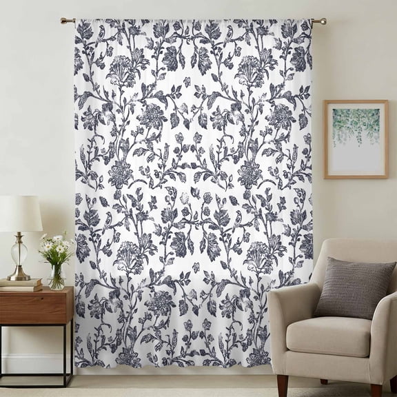 Dark Blue Flowers Sheer Curtains 63 Inches Long, Pastoral Vintage Farmhouse Leaf Spring Light Filering Curtains, Breathable Simi Curtain Privacy Drapes for Living Room Bedroom Window Treatment