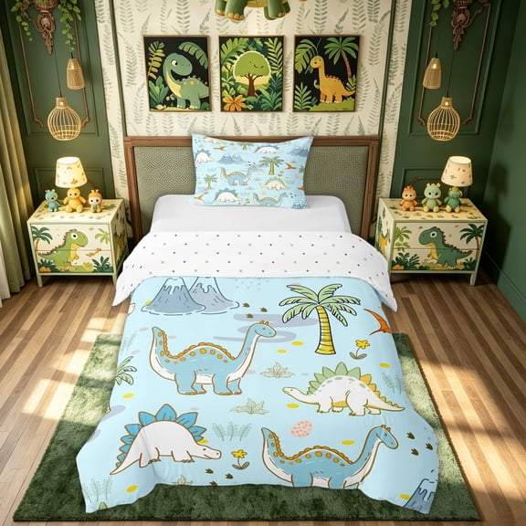 meiyoeat Cartoon Dino Twin Duvet Cover for Kids, Tropical Spinosaurus Wildlife Twin Bedding, Sky Blue, Reversible, 2pcs, 1 Duvet Cover and 1 Pillowcase