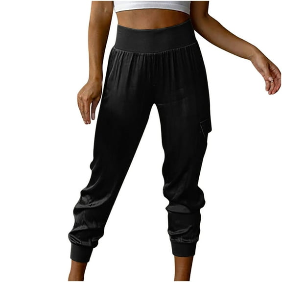 RYRJJ Women's Satin Jogger Pants Casual Elastic High Waist Long Lounge Pant Solid Color Lightweigh Silk Trousers with Pockets(Black,S)