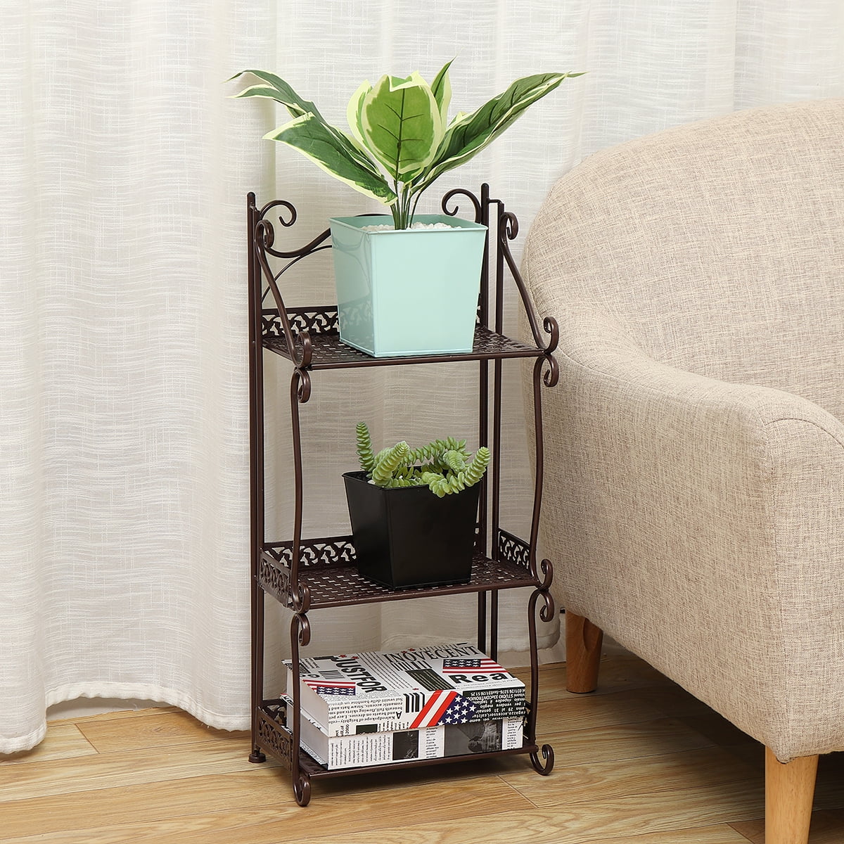 3 Tier Plant Stand, Metal Storage Shelf, Foldable Bookshelf, Shoe Rack