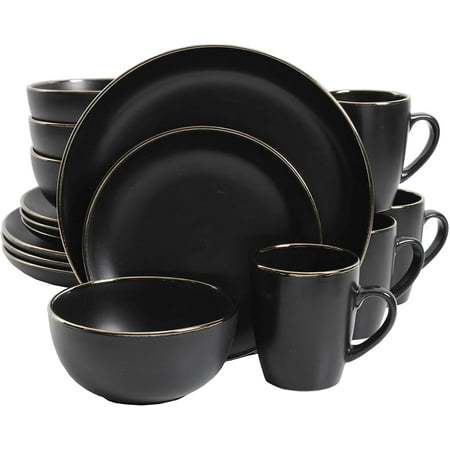 

fangmm Home Rockaway Round Stoneware Dinnerware Set Service for 4 (16pcs) Black/Gold Rim