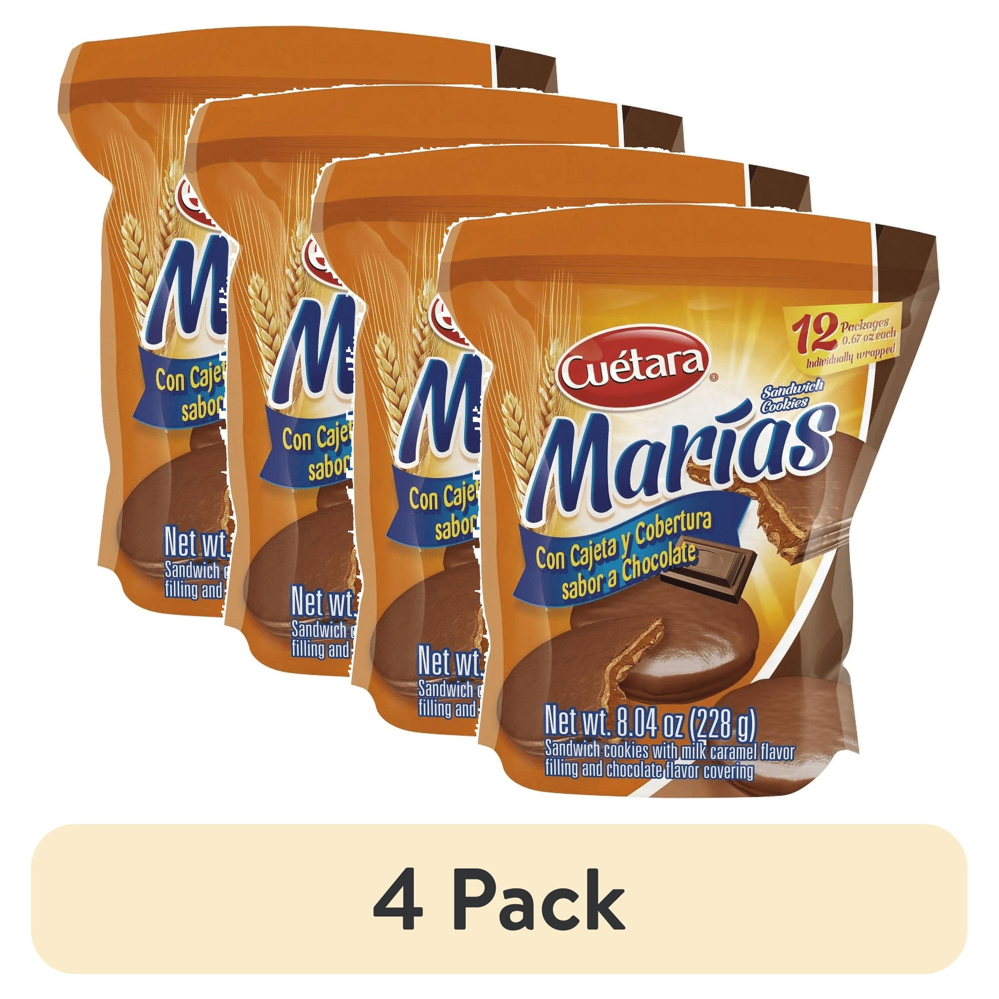 (4 pack) Cuétara Marías Sandwich Cookies Con Cajeta With Chocolate Cover 8.04 oz (228 g), 12 Packages Individually Wrapped