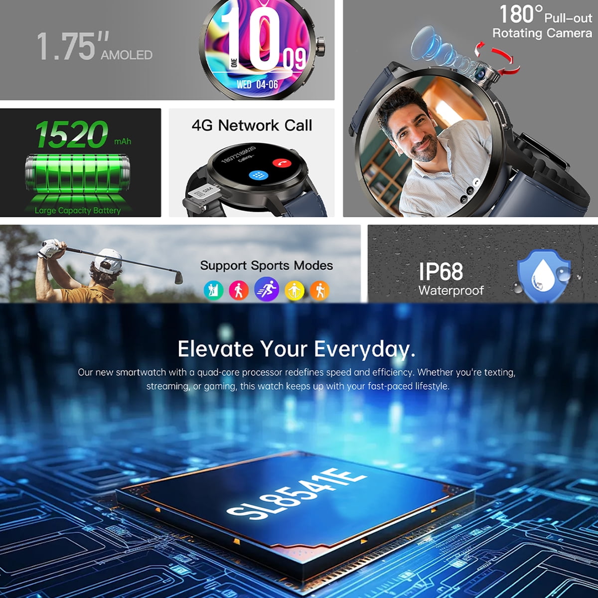 DM82 Bluetooth call only watch, 180° pull-out rotating camera, 1.75 inch large screen heart rate fitness tracker