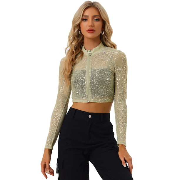 Chaqueta corta con cremallera y cuello levantado de lunares semitransparentes para mujer Color Oro S Allegra K