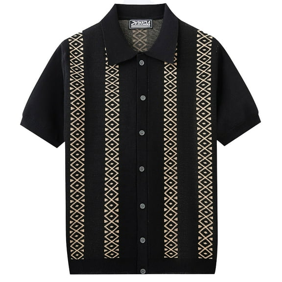 Iugvhana Mens Knitted Button Down Shirts Casual Textured Polo Shirt Lapel Short Sleeve Vintage Summer Beach Tops Black XXXL