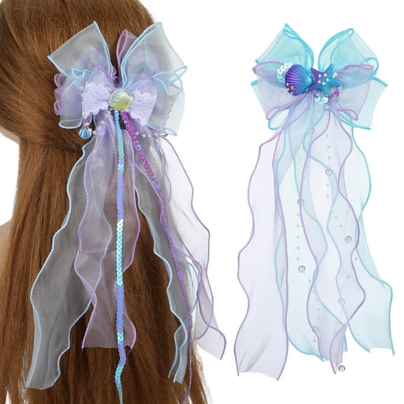 Tineasur 2Pcs Mermaid Hair Accessories Set with Bowknot and Seashell Design