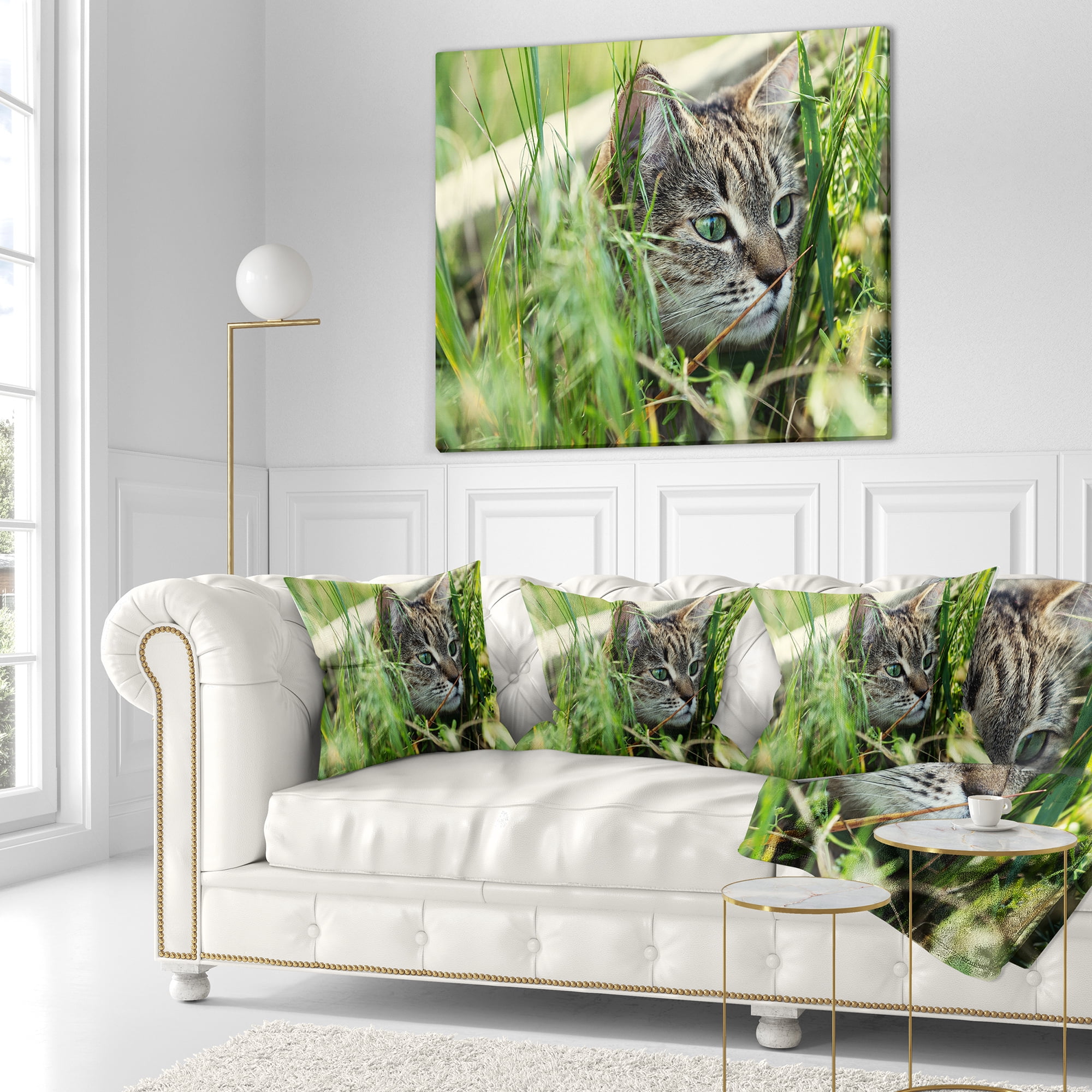 Designart Lovely Kitten in Grass - Animal Throw Pillow - 16x16