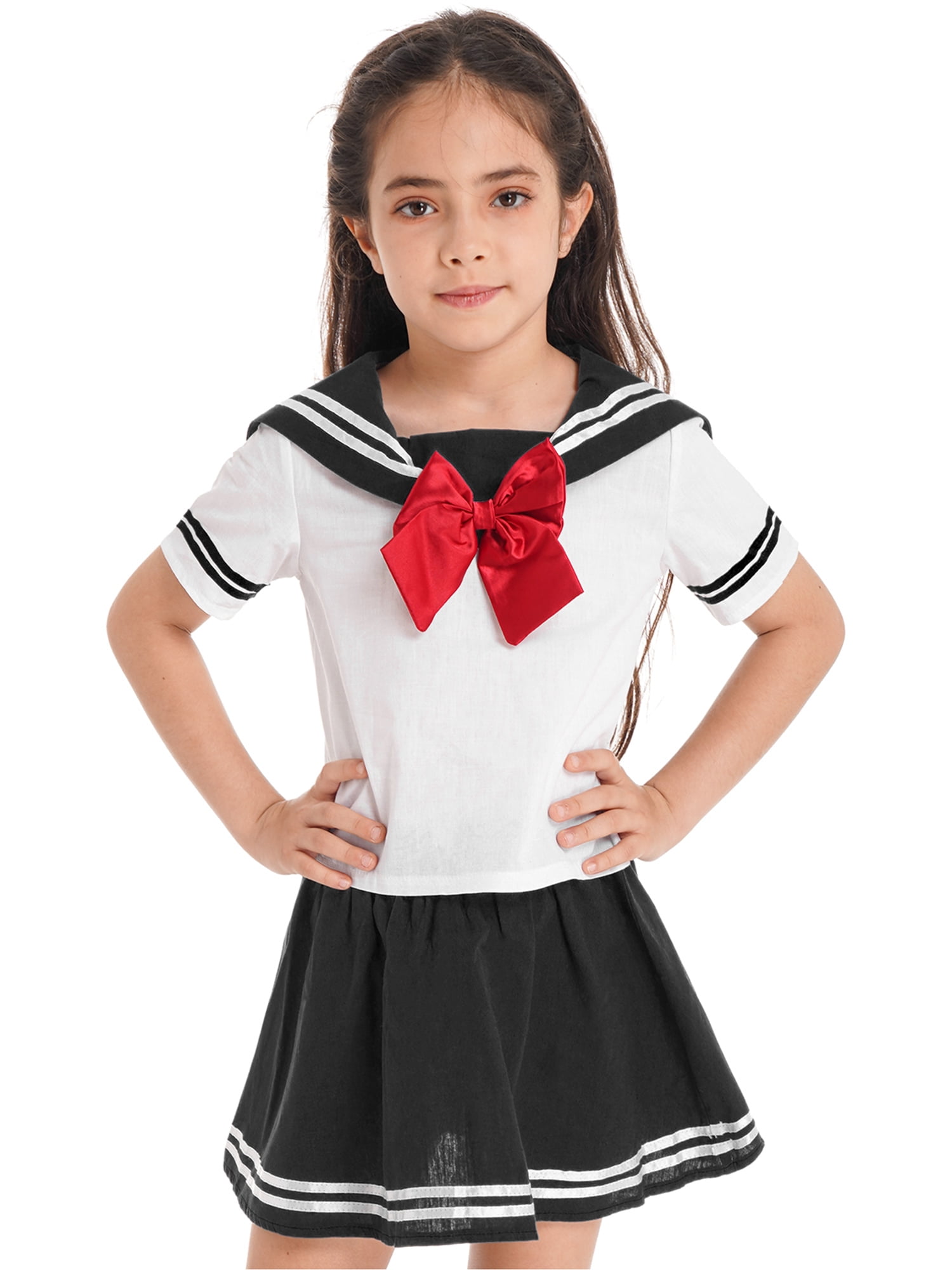 YiZYiF Kids Girls School Uniform Set Striped Shirt with Skirt Bowtie