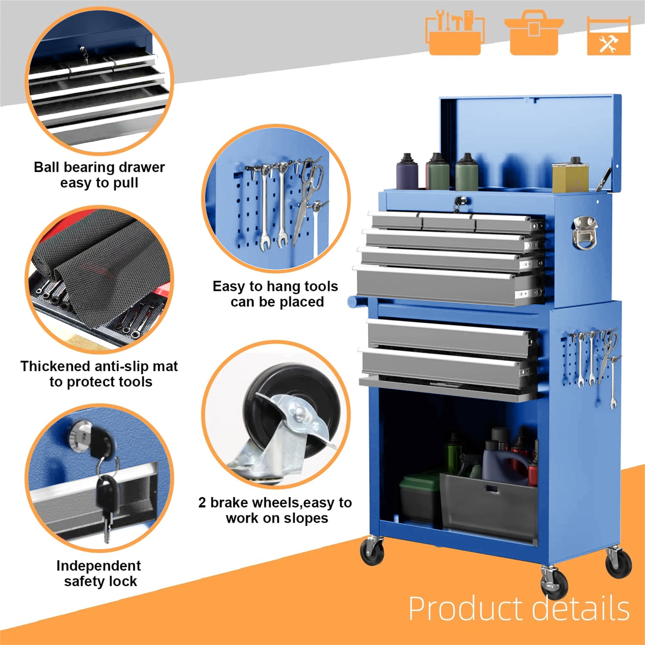 Aukfa Tool Chest, 2 in 1 Steel Rolling Tool Box & Cabinet on Wheels for Garage, 8-Drawers, Blue&Gray