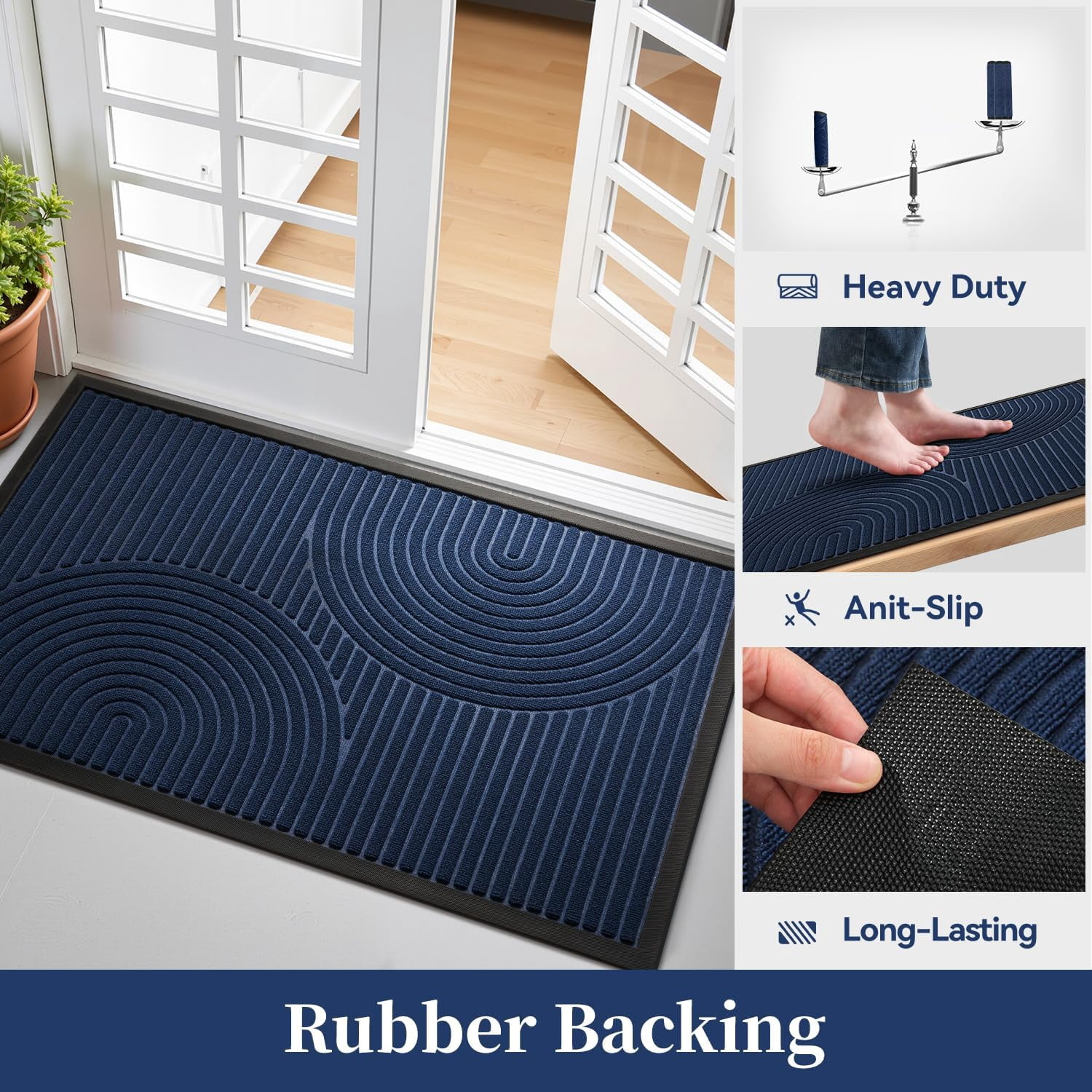 SIXHOME Outdoor Mat 17"x30" Non Slip Front Door Mat Outside Absorbent Rubber Welcome Mat Low Profile Dirt Trapper Indoor Outdoor Doormat Boho Arch Door Mat Outside Thick Entryway Rug Blue