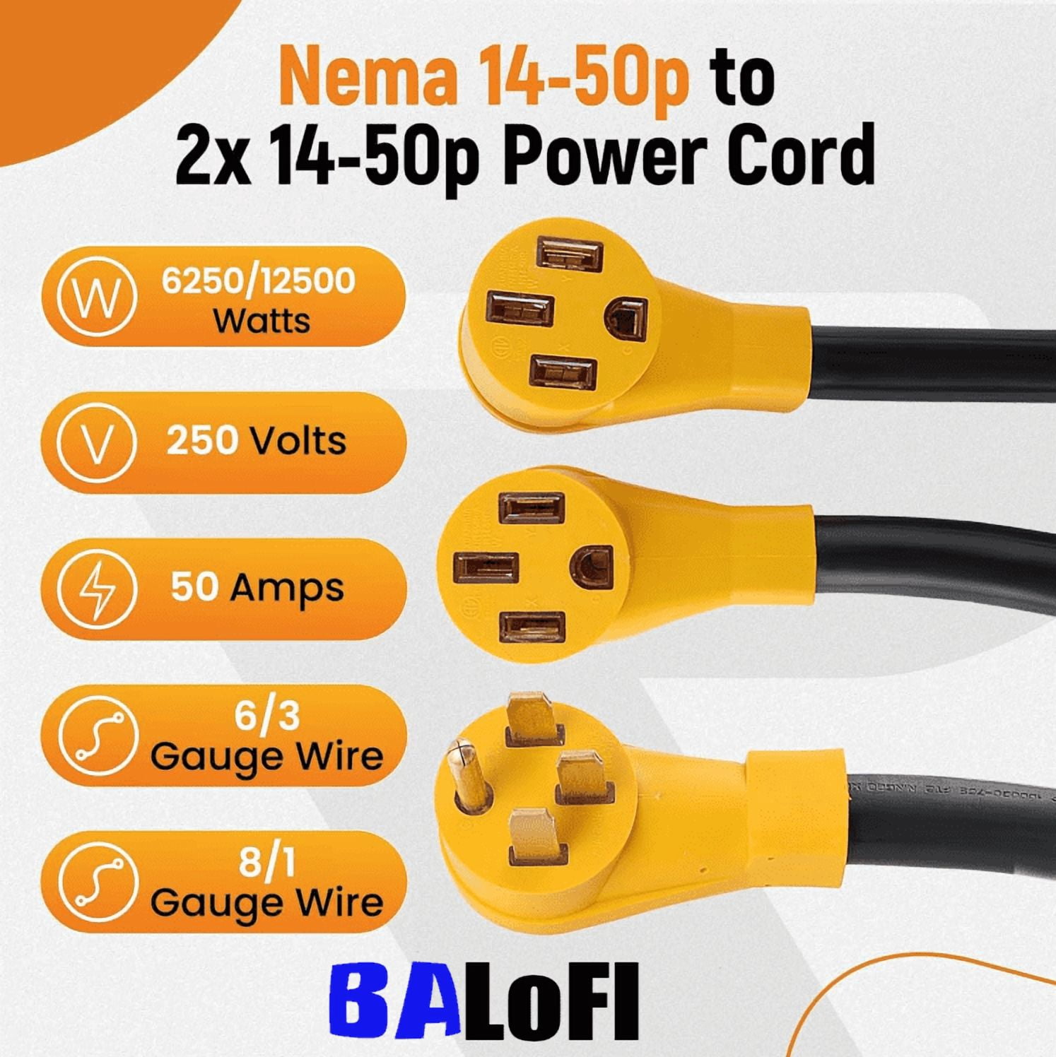 BALoFI 50A Y Splitter 3Ft NEMA 14-50P to 2X14-50R for RV EV Charger