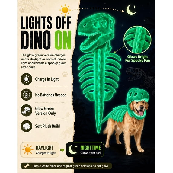 Pet Dinosaur Costume, Soft Plush T-Rex Skeleton Halloween Costume for Dogs Glow-in-the-Dark