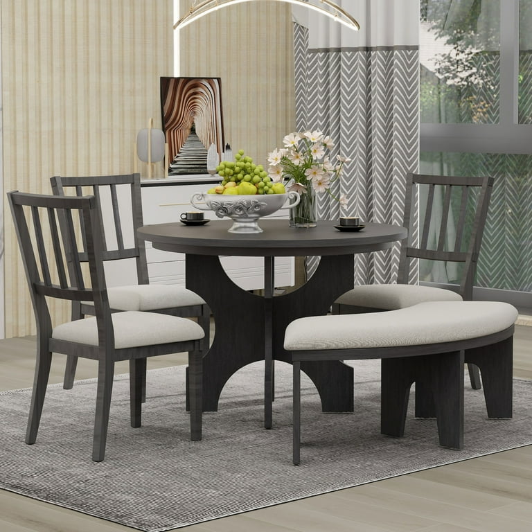 Table Set 41 Inch Table Breakfast Nook Round Bench 5-Piece Round
