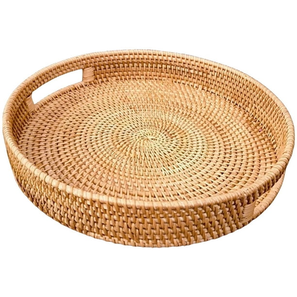 Bandeja de ratán tejido para servir, cesta de frutas redonda tejida, bandeja rústica decorativa con asas.