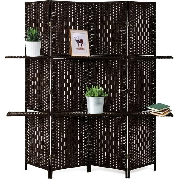 LiteHaven  Room Divider 4 Panel Room Screen Divider Wooden Screen Folding Portable Partition Screens Wood with Removable Storage Shelves Color,Brown
