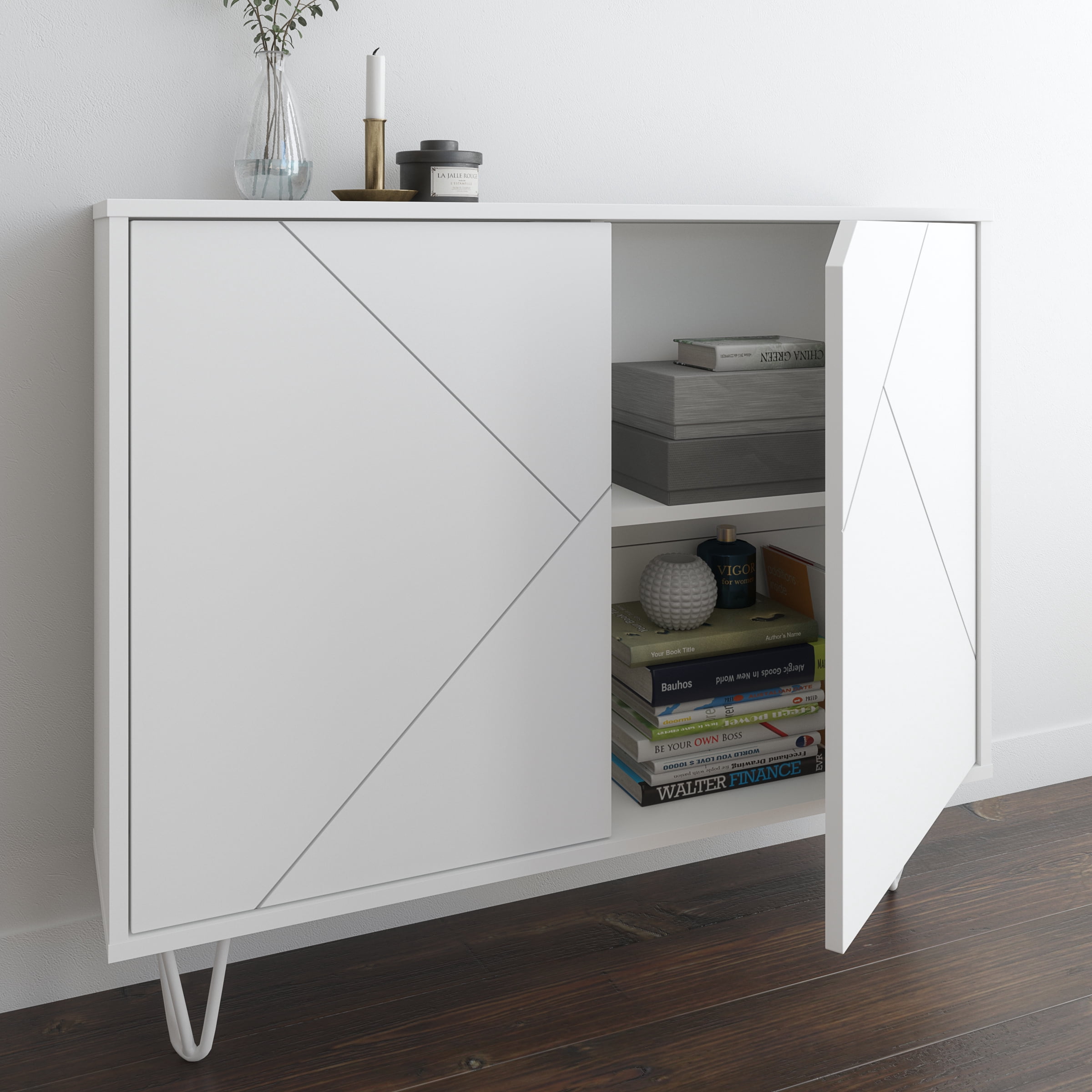 Nexera Slim Modern Wood Accent Cabinet with 2 Doors, White