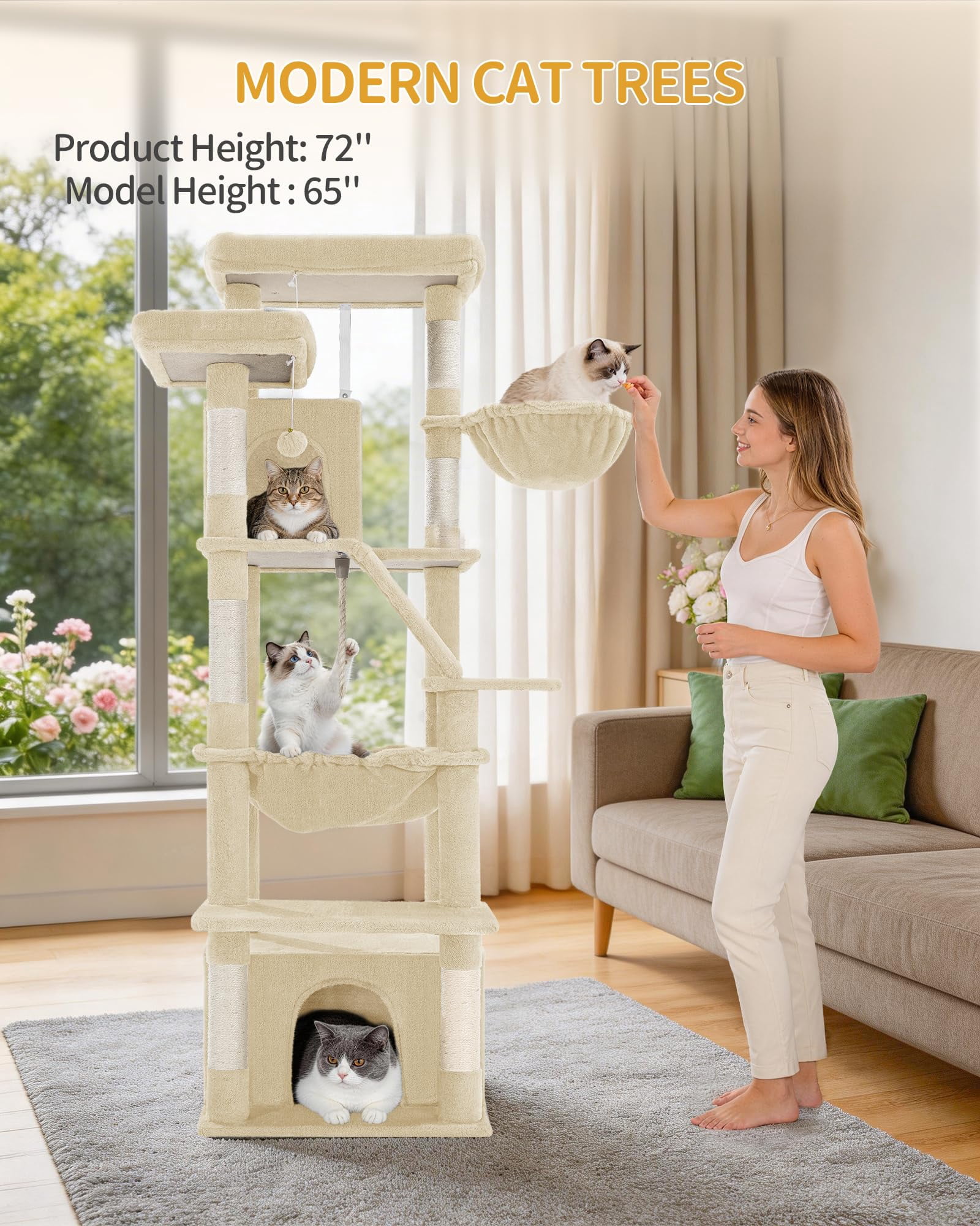 Cat Tree, 72 Inch Tall Beige Indoor Tower for Multiple Cats with Climbing, Condo, Scratching Posts