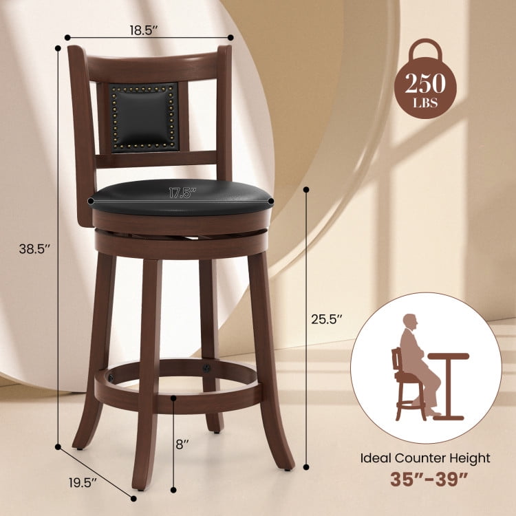 Demi Bonn 25.5" Set of 2 Upholstered Bar Stools with Curved Backrest and Footrest, Modern Kitchen Dining Chair, Brown