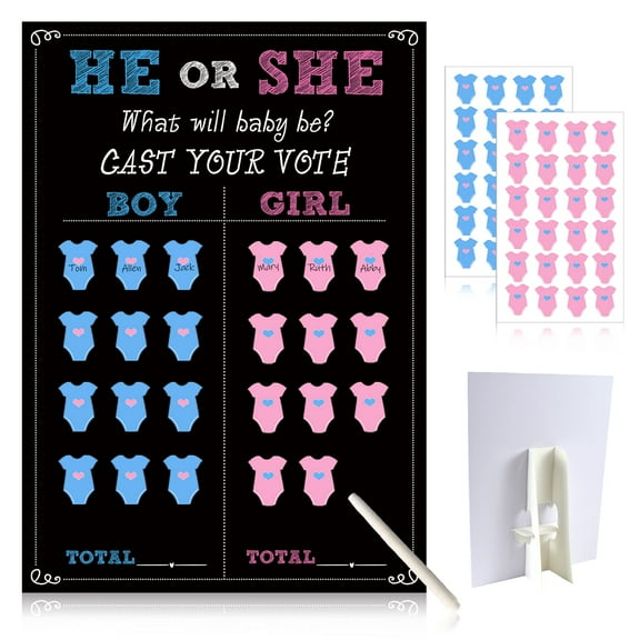 Baby Gender Reveal Board with Stand(12x17), 48 Boy Girl Voting Stickers, 1 Marker(erasable), He or She, Cast Your Vote Game for Guests, Gender Reveal Party Centerpiece Decorations, Chalkboard Design
