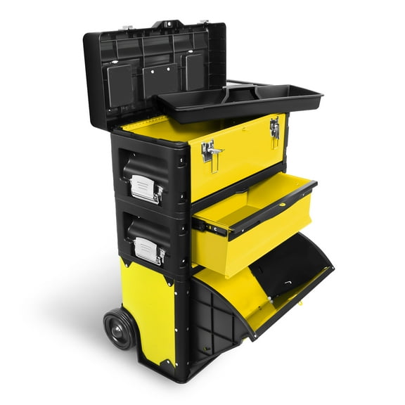 ‎‎3-Tier Stackable Separate Hand Case Tool Boxes Trolley, 3-in-1 Storage Compartments, 19.5" x 12" x 28.5", Yellow