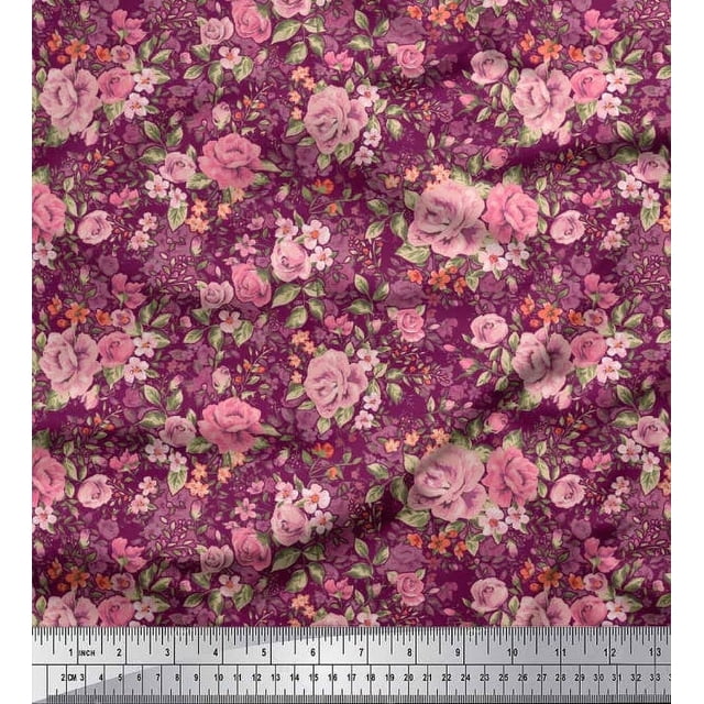 Soimoi Tissu Popeline de Coton Imprimé Feuilles & Roses Tissu de Couture au Mètre 42 Pouces de Large