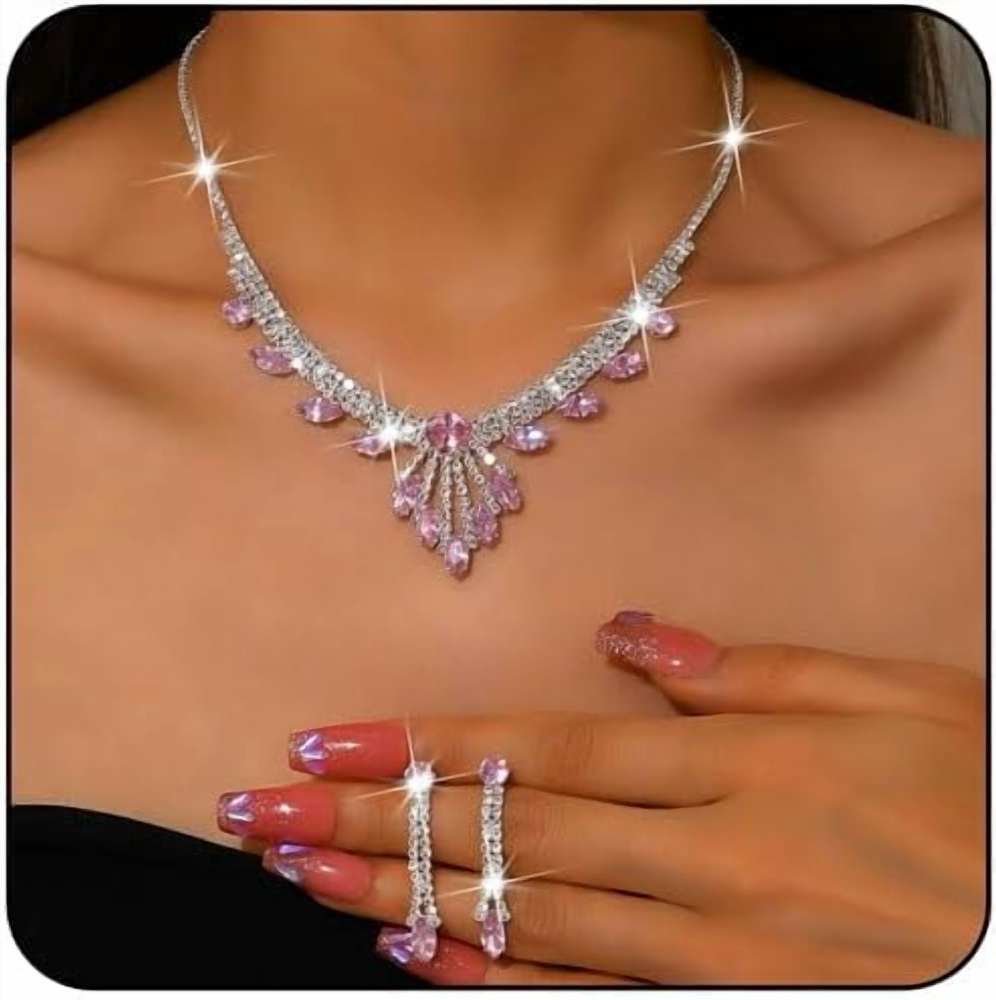 Bridal Wedding Jewelry Set – Silver Necklace, Earrings & Bracelet With Rhinestones | For Bride, Bridesmaid, Prom & Parties - View #6