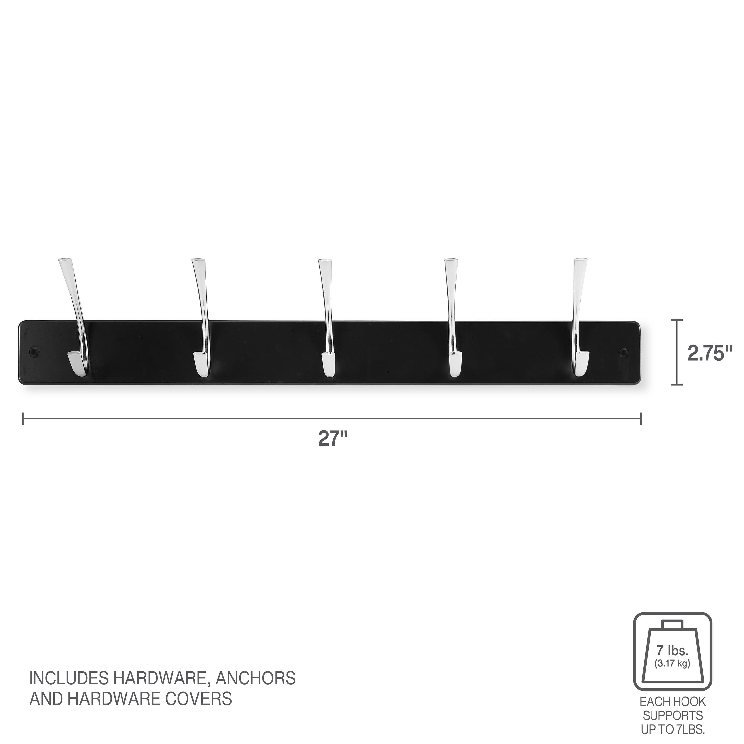 Melannco 27X5 Inch Wall Mount MDF Coat Rack With 5 Silver Metal  Hooks Black