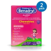(2 pack) (2 Pack) Children's Benadryl Allergy Chewable Tablets, Grape Flavor, 20 ct