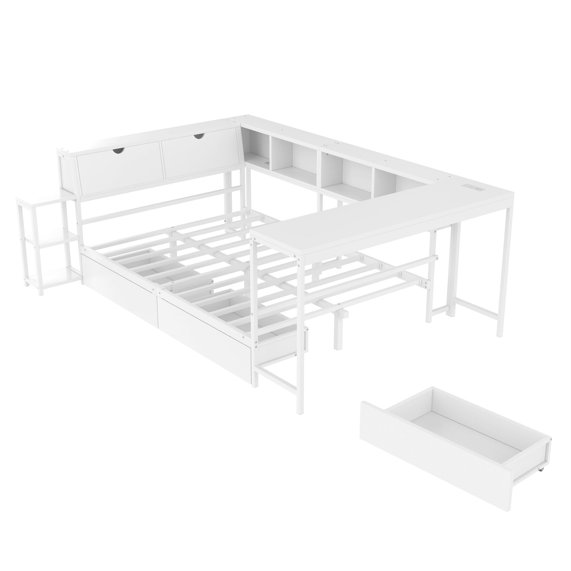 AENKYO Queen Size Corner Daybed with Desk & Storage Headboard, LED Lights, Power Outlets & Drawers, White