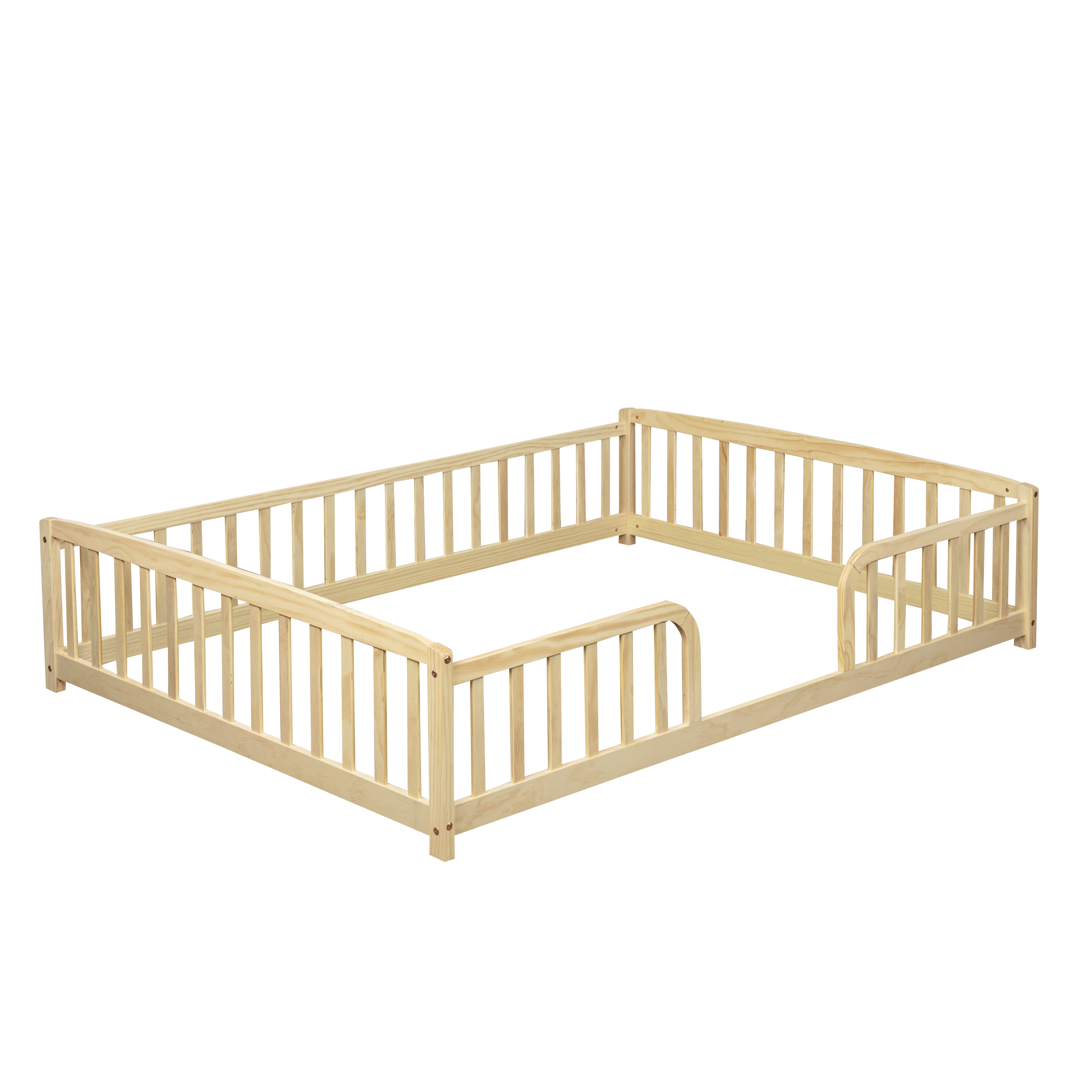 Full Size Natural Pine Wood Floor Bed with Guardrails, Kids Floor Fence Bed with Central Entrance, Rounded Corners, 300 lbs Load, No Box Spring Needed