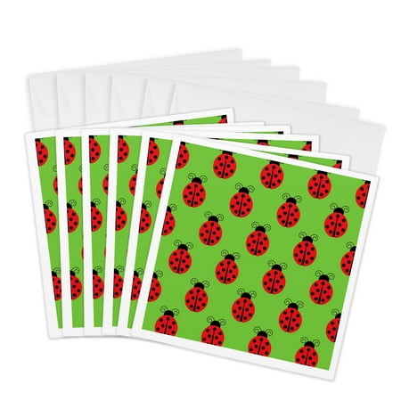 3dRose, Red On Green Lady Bugs All In A Row, 6 Greeting Cards with envelopes