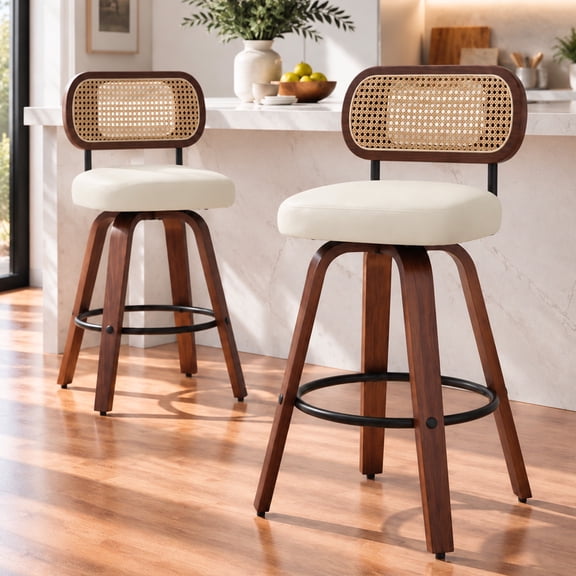 SESSLIFE Swivel Bar Stools Set of 2, 25.6" Counter Height Bar Stools, PU Leather Upholstered Chairs with Cane Back, Mid Century Modern Kitchen Island Stools, Beige