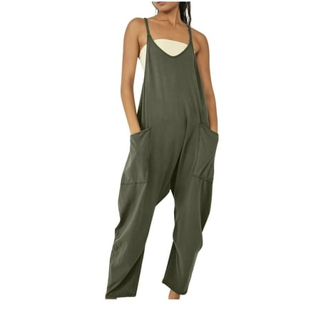 

FAVIPT Womens Romper 2023 Loose V Neck Jumpsuits for Women Dressy Casual Sleeveless Spaghetti Straps Stretchy Overall Jumpsuit with Pockets