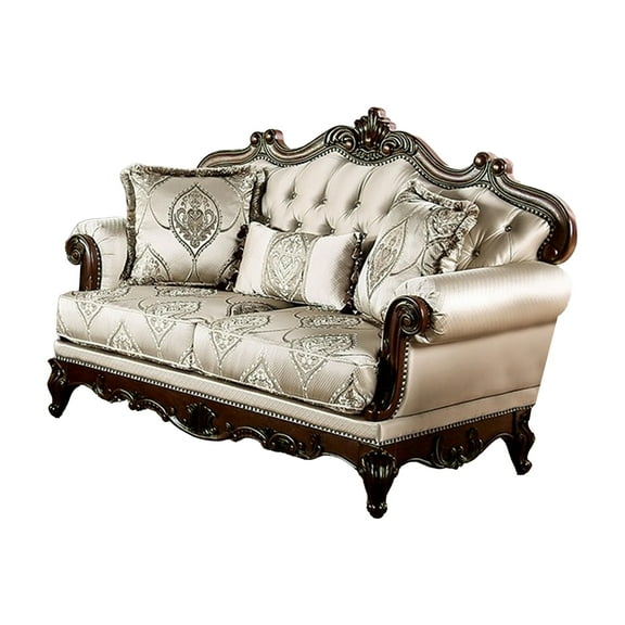 Vera Loveseat, Tufted Beige, Rolled Arms, Cherry Brown Solid Wood, 70 Inch