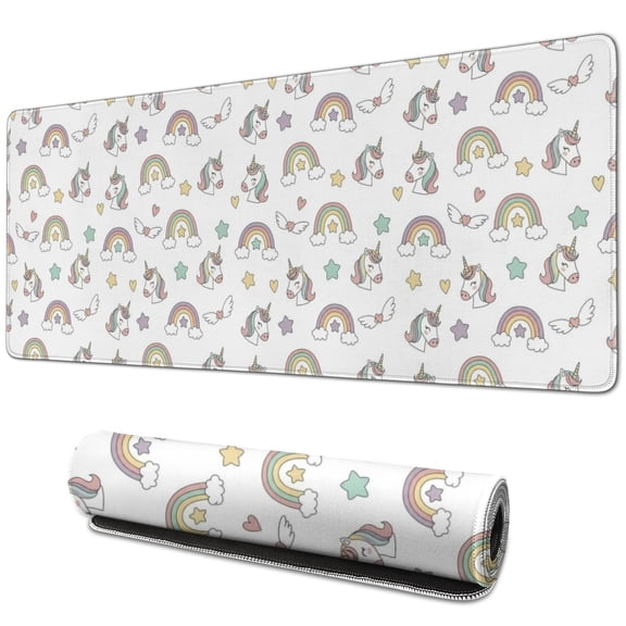 Long Mouse Pads for Desk,White Cartoon Unicorn Rainbow Star Wing Desk Mats on Top Of Desks, Desk Mouse Pad Extra Large with 3mm Non-Slip Base and Stitched Edge for Gaming,Work,Home 31.5"x11.8"