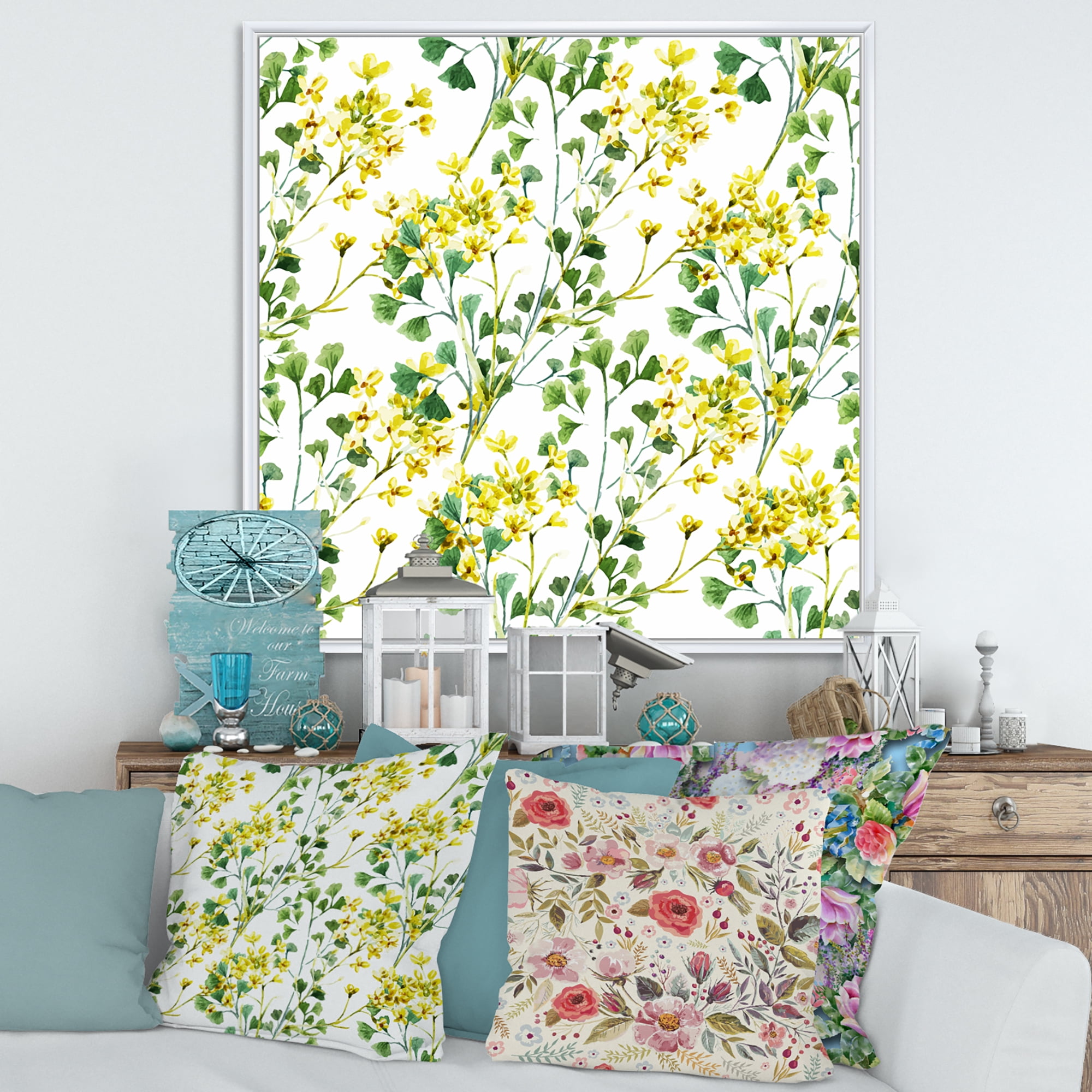 Designart 'Vibrant Yellow Summer Wildflowers On White' Traditional Framed Canvas Wall Art Print