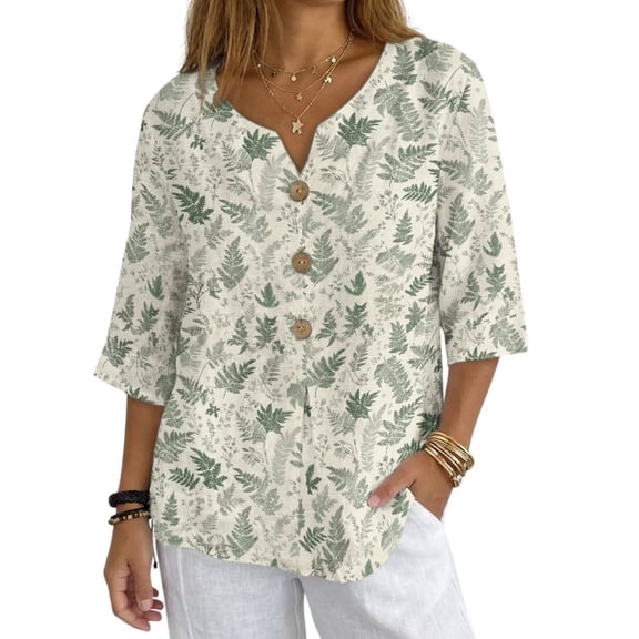 Xoenoiee Green Ferns Leaves Print Women's Vintage Linen Tops 3/4 Sleeve Boho Summer Graphic Tees Tunic Shirts Casual Loose Button Blouses, Size S