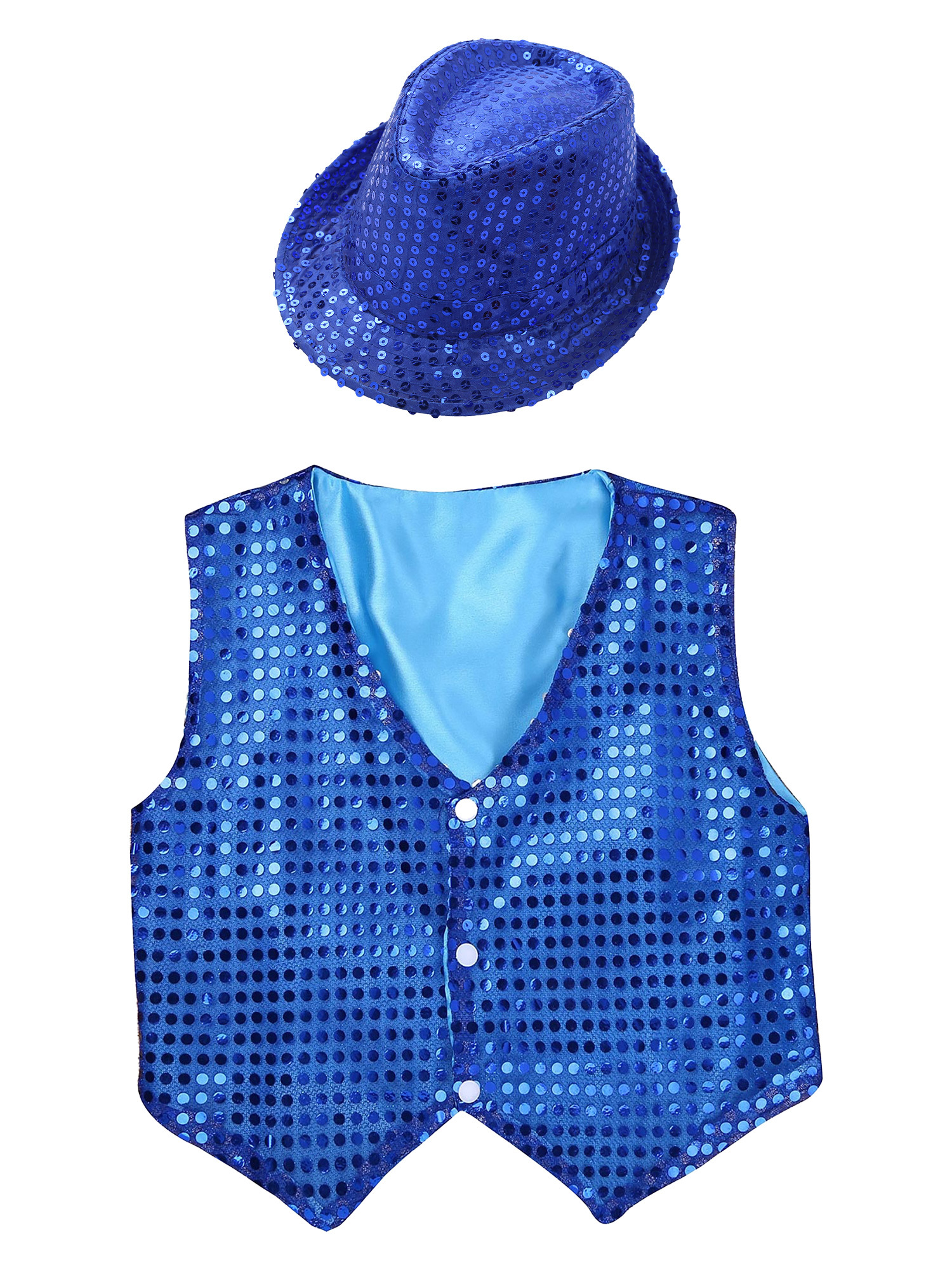 IEFIEL Kids Boys Sparkle Sequins Button Down Vest with Hat Dance Outfit Set Hip Hop Jazz Stage Performance Costume Blue 7-8 - image 3 of 7