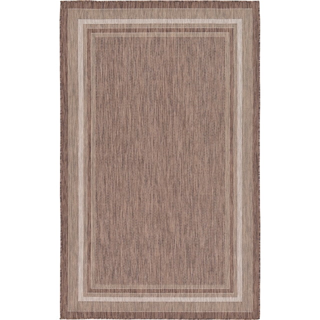 Unique Loom Outdoor Collection Transitional Indoor & Outdoor Casual Solid Tonal Border Area Rug, 5 x 8 Feet, Brown/Beige