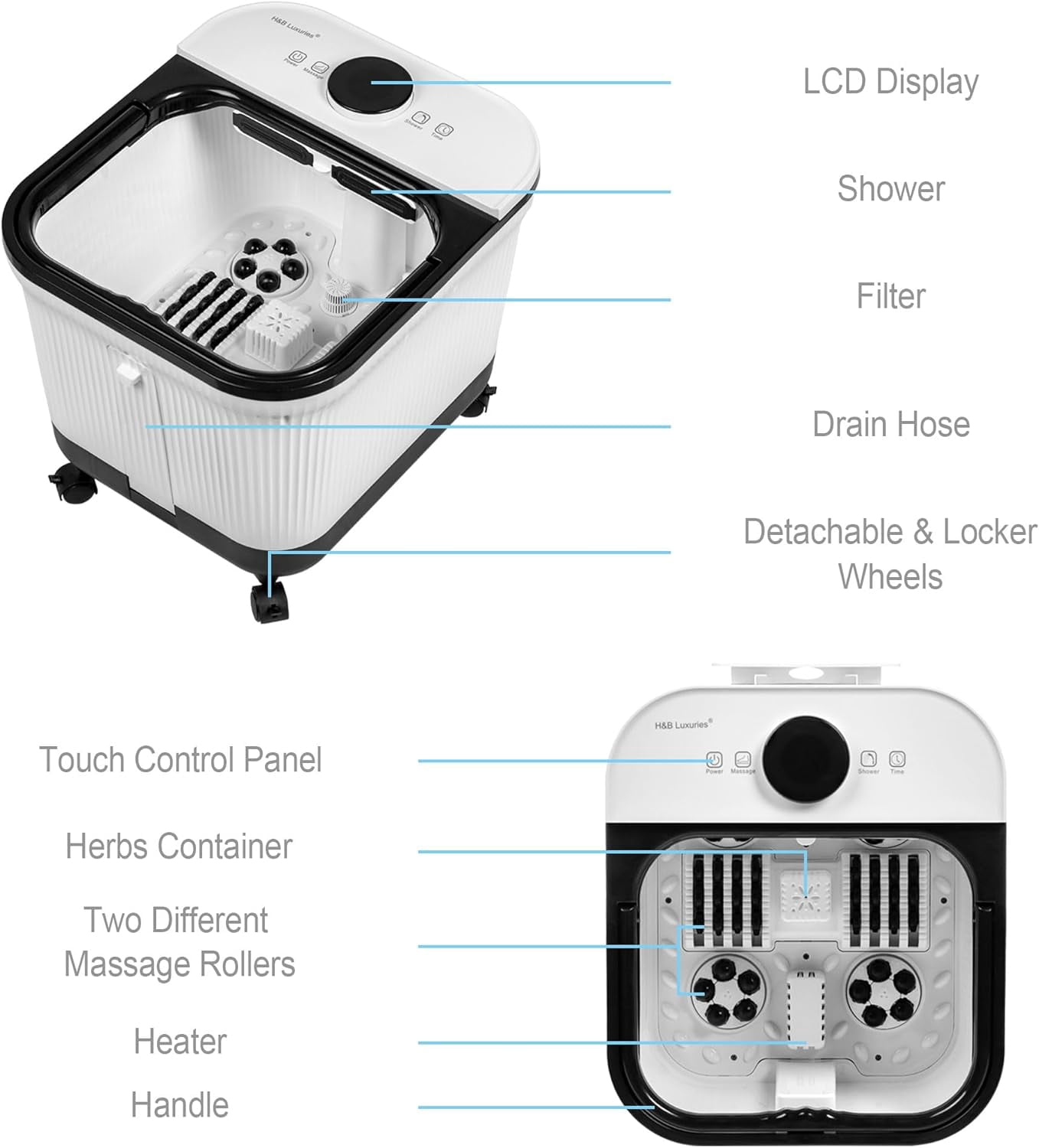 Foot Spa Massager with Heat for Stress Relief, Feet Bath with Motorized Rollers and Shower, Temperature Control, Timer and LCD Display, Ideal for Wife Mother Mom Father Husband, White