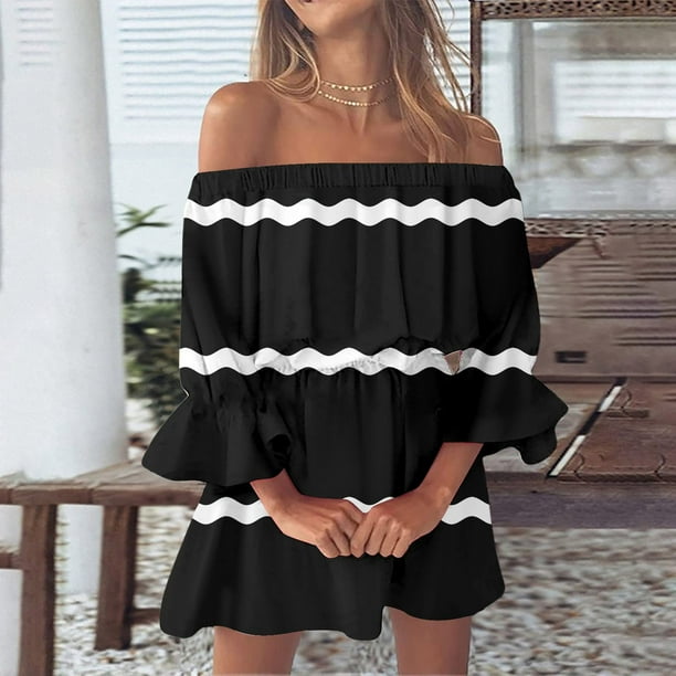 WILLBEST Vestidos para Mujer Verano Vestidos de Verano para Mujer Playa Sexy Hombros Descubiertos Túnica Casual Suelto Ajuste Manga Mini Vestido Floral Extra Grande