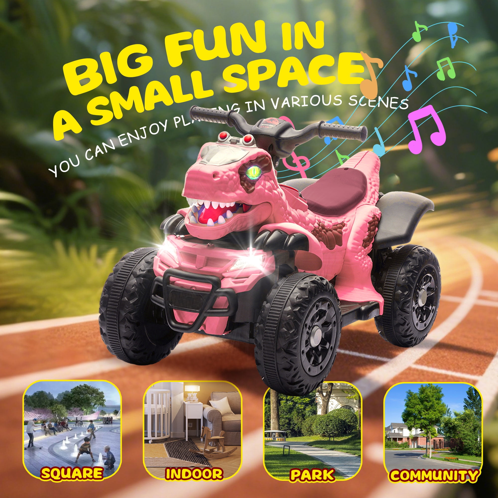 Track Seven 12V Electric Ride-On ATV, Dinosaur Four Wheeler Electric Car with Bluetooth, LED Lights, Music, Electric Quad Ride-On Toy Car for Toddlers Boys Girls Age 2+, Rose Pink