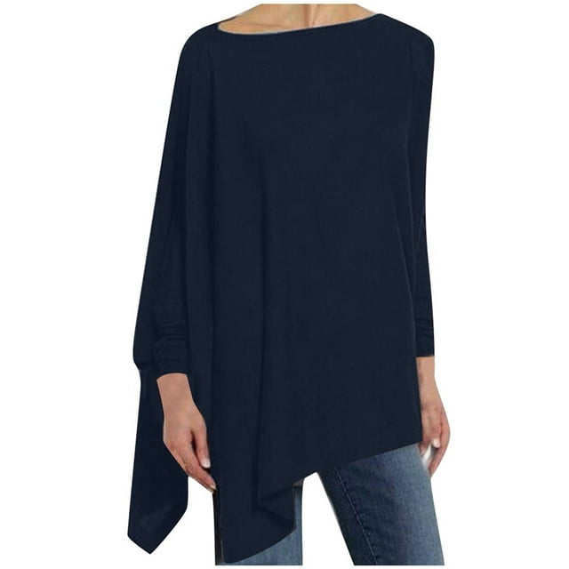 CEHVOM Women Casual Plus Size Round Neck Solid Long Sleeve Irregular Sweatshirt Loose Print Pullover Tops Blouse