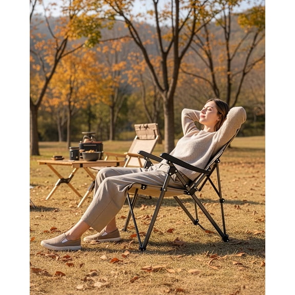 Folding Camping Chair Adjustable 3-Position, Reclining Outdoor High Back Camp Chair with Hard Armrests, Heavy Duty Portable Chair, Dual-Layer Padded Seat & Storage for Camping, Lawn, Backyard