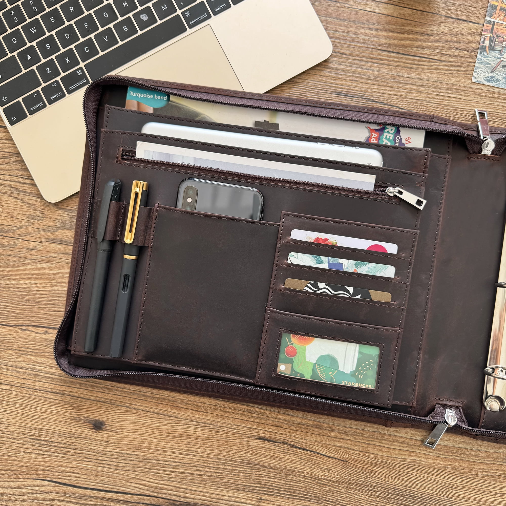 Business 3 Ring Check Binder, Genuine Leather Check Book Portfolio for 3 Holes or 9 Holes Checks, Check Book Binder for 11 1/4"x9", Crazy Horse Leather (Dark Brown)