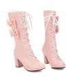 thumbnail image 5 of KIJBLAE Women's Retro Bowknot Lace Up Boots Chunky Heel Round Toe Side Leather Victorian Gothic Punk Style Mid-Calf Boots Pink 39, 5 of 9